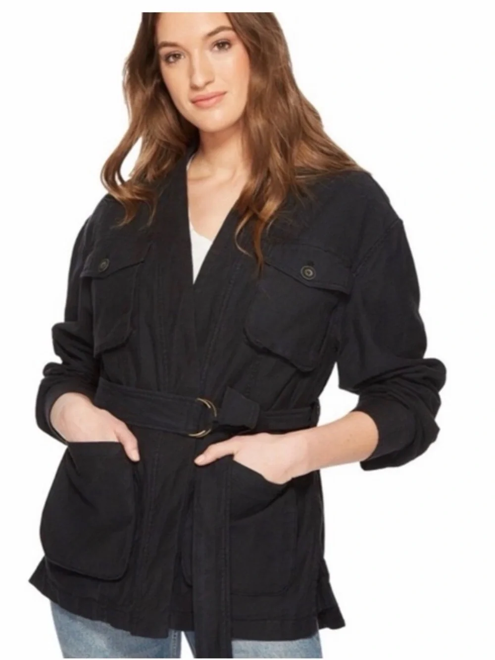 Free People Black Belted Utility Jacket with Patch Pockets